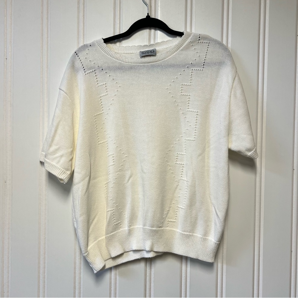 Vintage Nikki White Knit Short Sleeve Sweater – Made in USA – XL